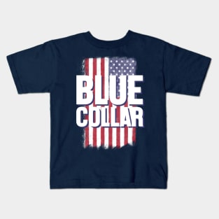 Blue collar sign over an american flag Kids T-Shirt